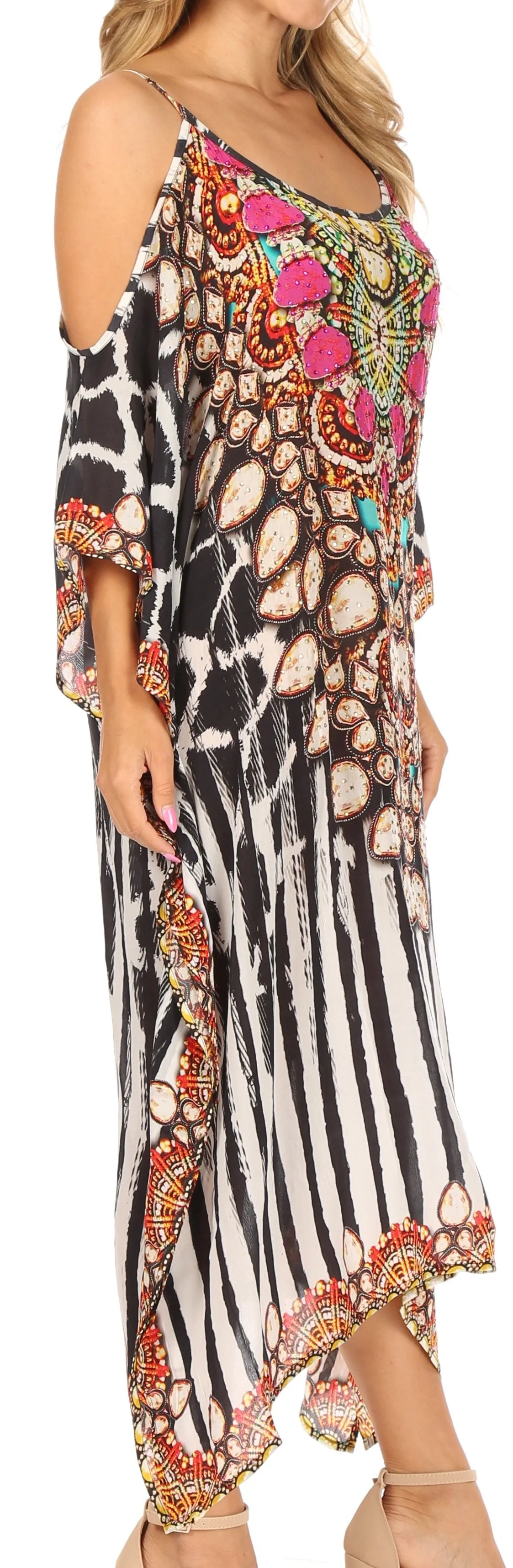 Sakkas Amaya Loose Fit Long Printed Strappy Cutout Shoulder Boat Neck Kaftan Dress