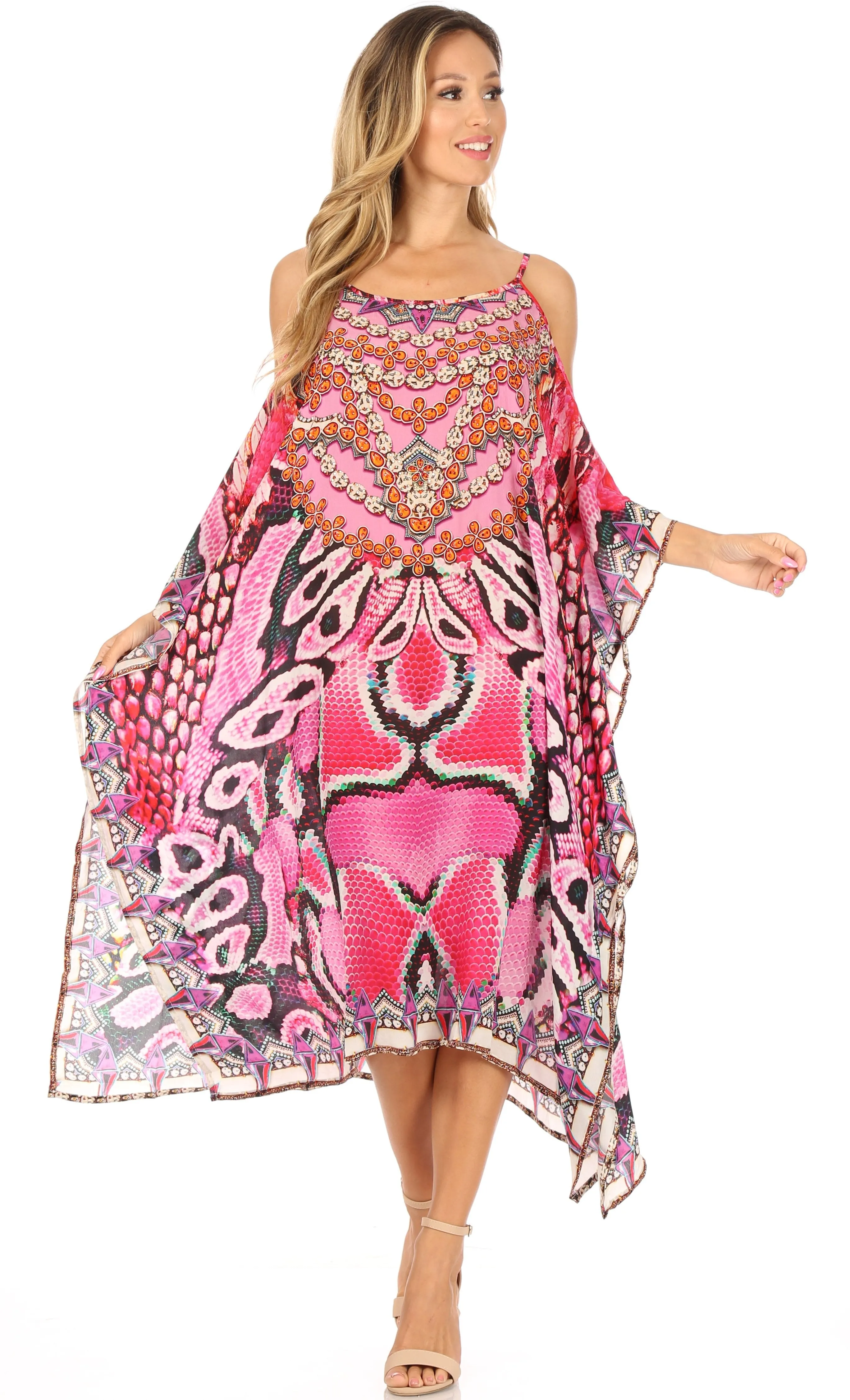 Sakkas Amaya Loose Fit Long Printed Strappy Cutout Shoulder Boat Neck Kaftan Dress