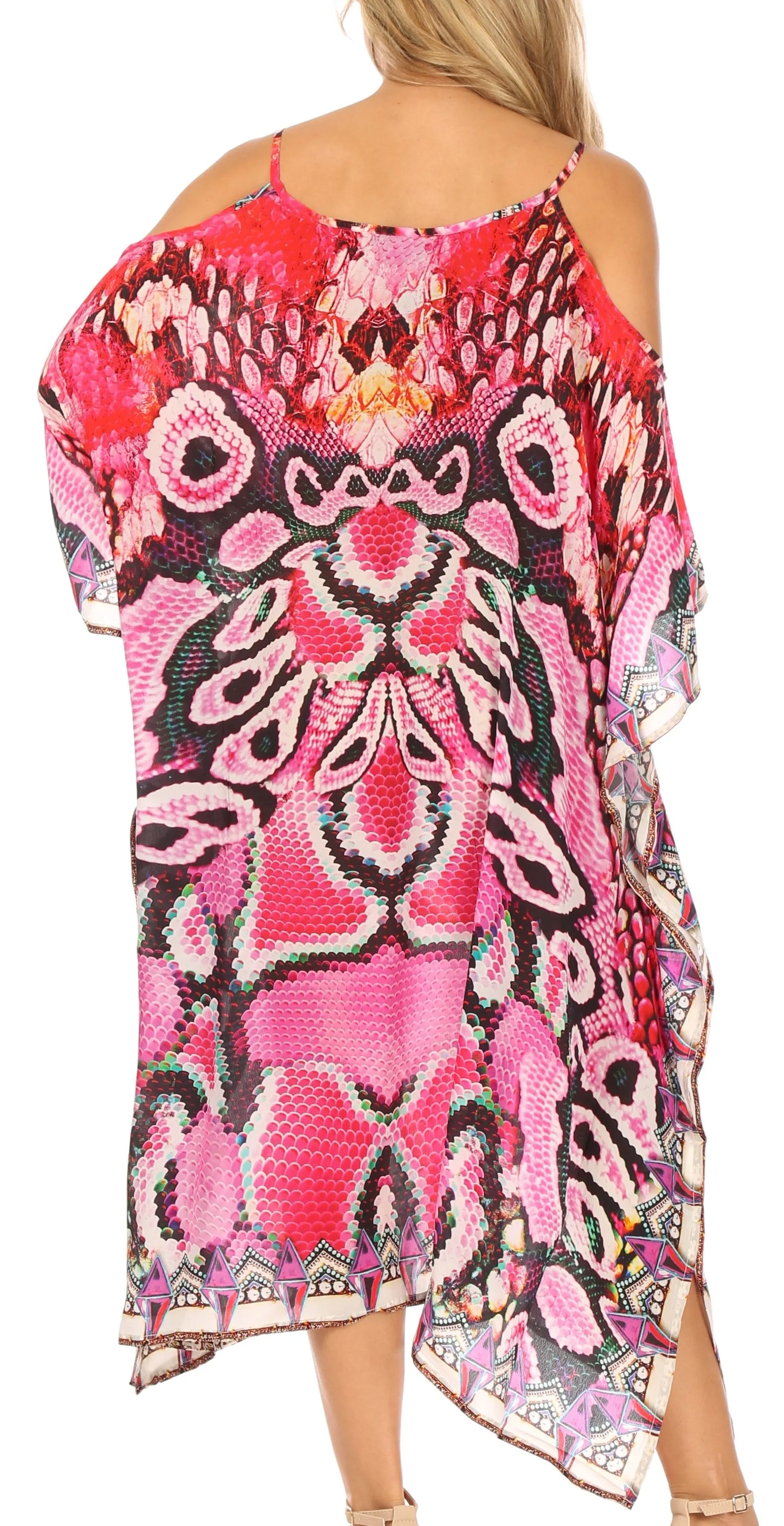 Sakkas Amaya Loose Fit Long Printed Strappy Cutout Shoulder Boat Neck Kaftan Dress