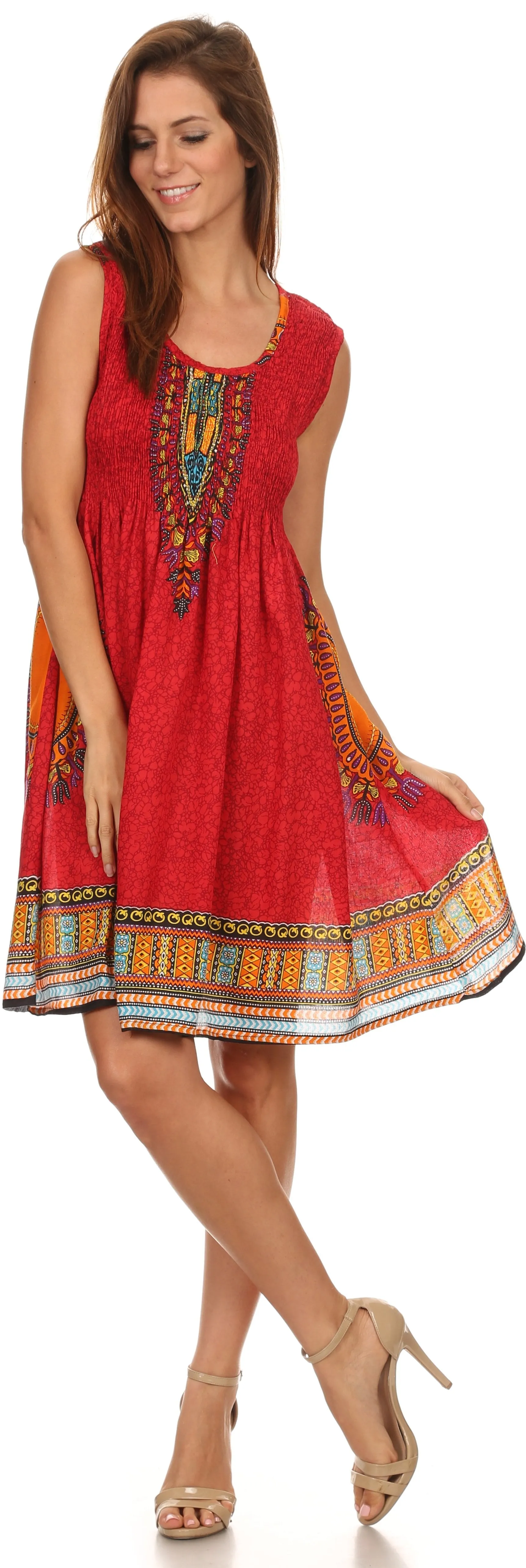 Sakkas Zulla Mid-Length Adjustable Tribal Floral Aztec Batik Tank Top Dress