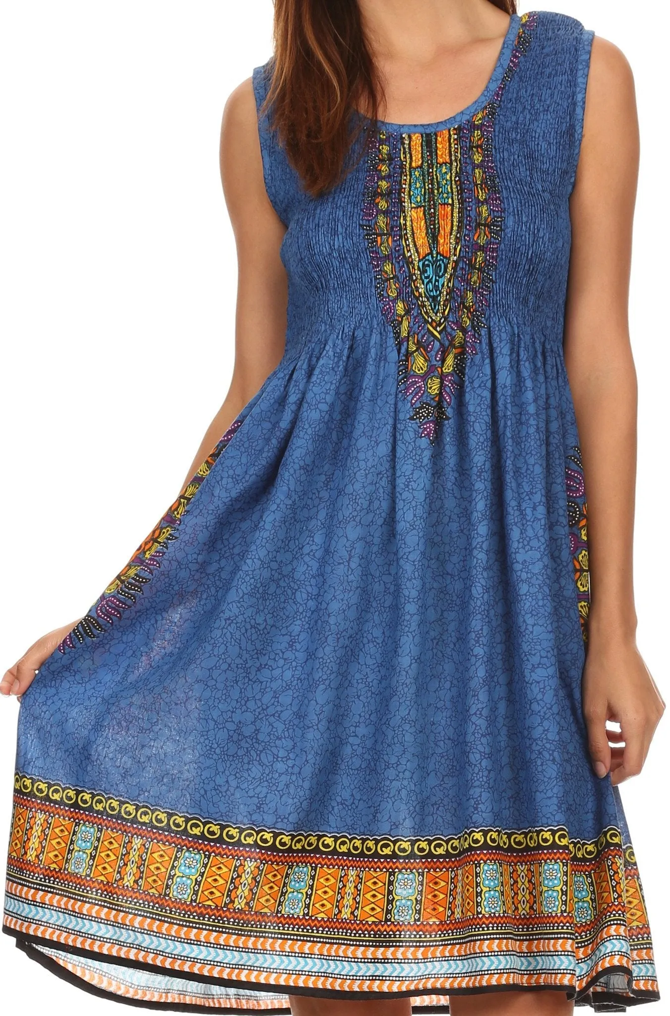 Sakkas Zulla Mid-Length Adjustable Tribal Floral Aztec Batik Tank Top Dress