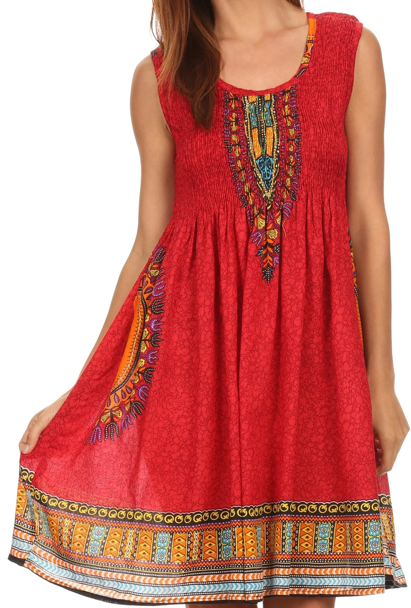 Sakkas Zulla Mid-Length Adjustable Tribal Floral Aztec Batik Tank Top Dress