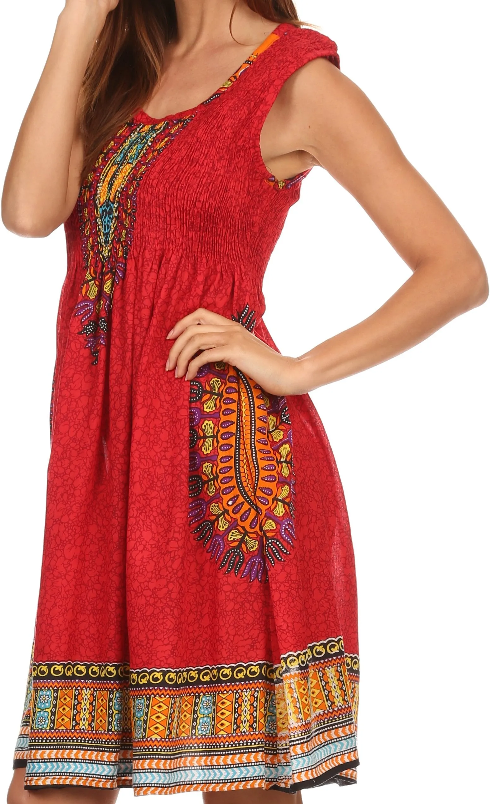 Sakkas Zulla Mid-Length Adjustable Tribal Floral Aztec Batik Tank Top Dress