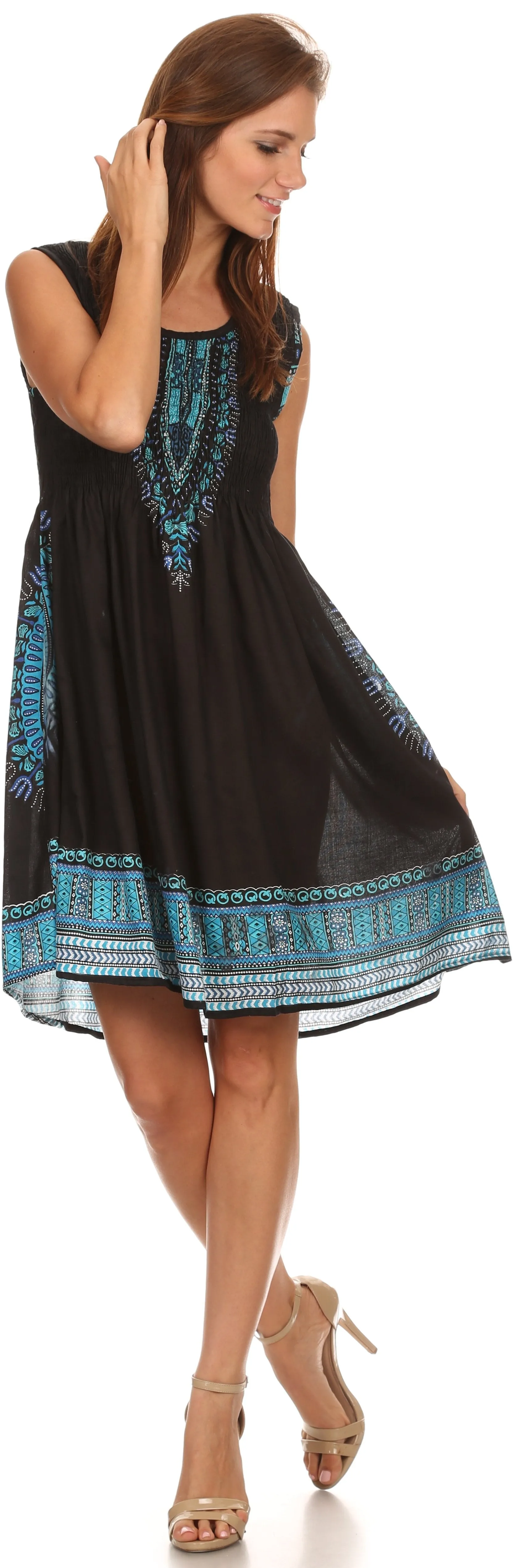 Sakkas Zulla Mid-Length Adjustable Tribal Floral Aztec Batik Tank Top Dress