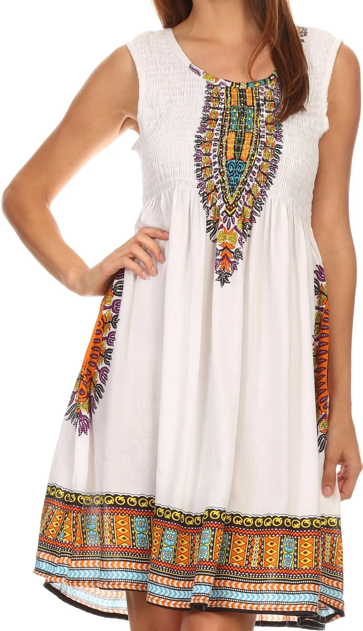 Sakkas Zulla Mid-Length Adjustable Tribal Floral Aztec Batik Tank Top Dress