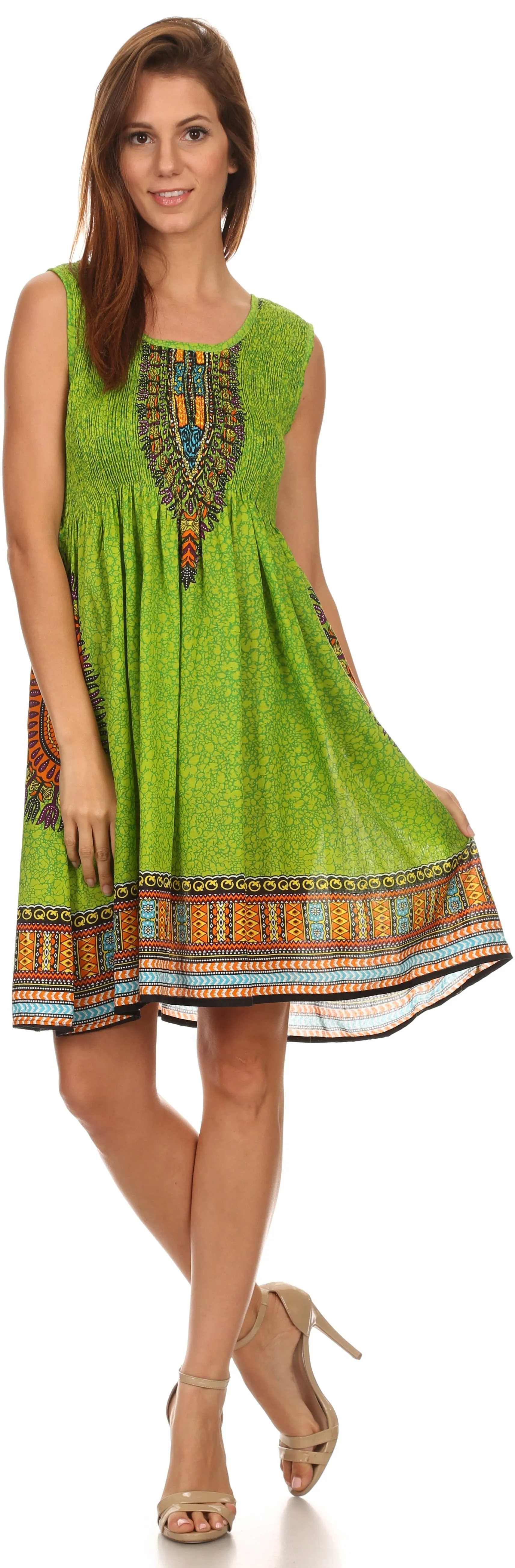 Sakkas Zulla Mid-Length Adjustable Tribal Floral Aztec Batik Tank Top Dress