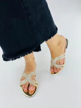 Spunkz Ava Rhinestone Flat Golden Slides