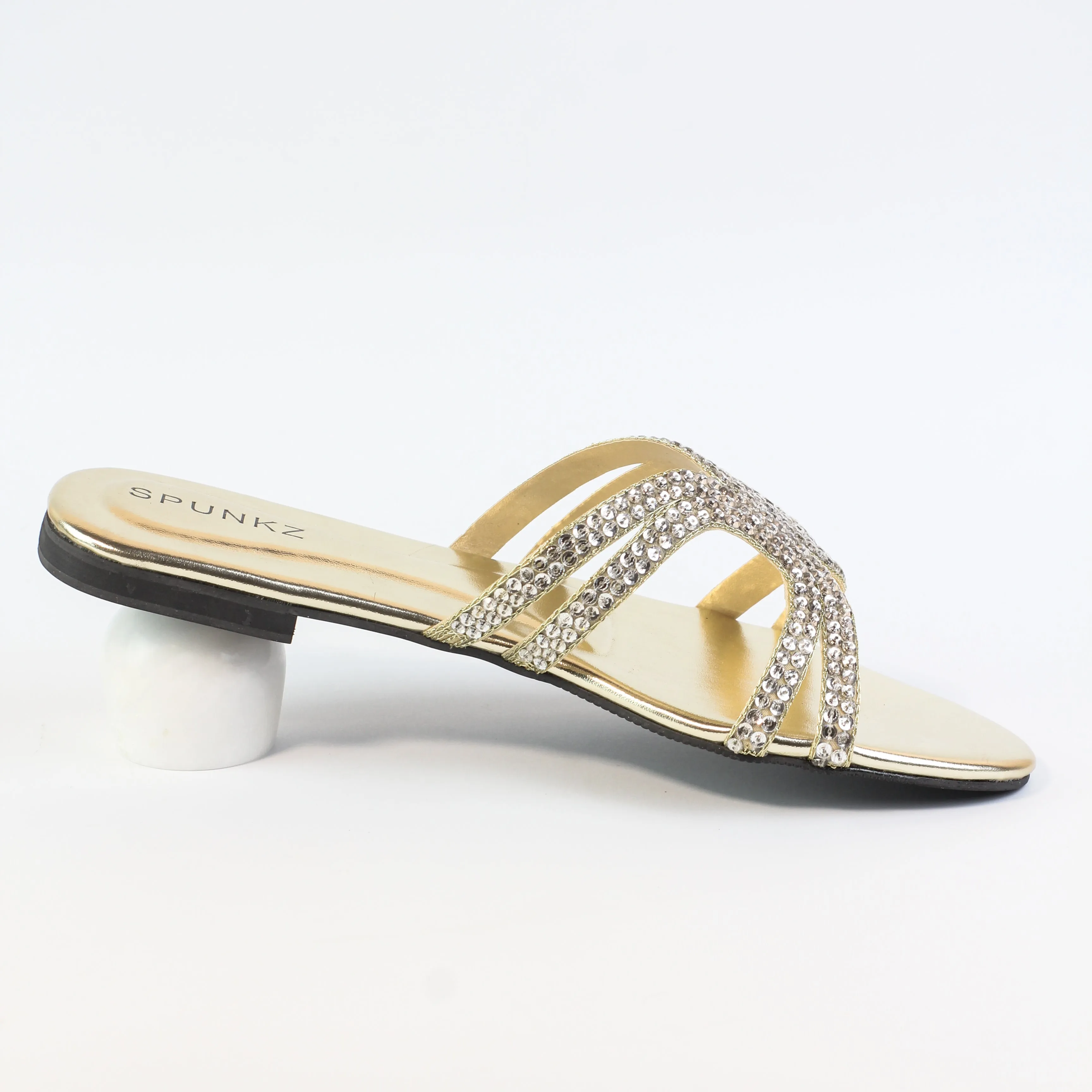 Spunkz Ava Rhinestone Flat Golden Slides