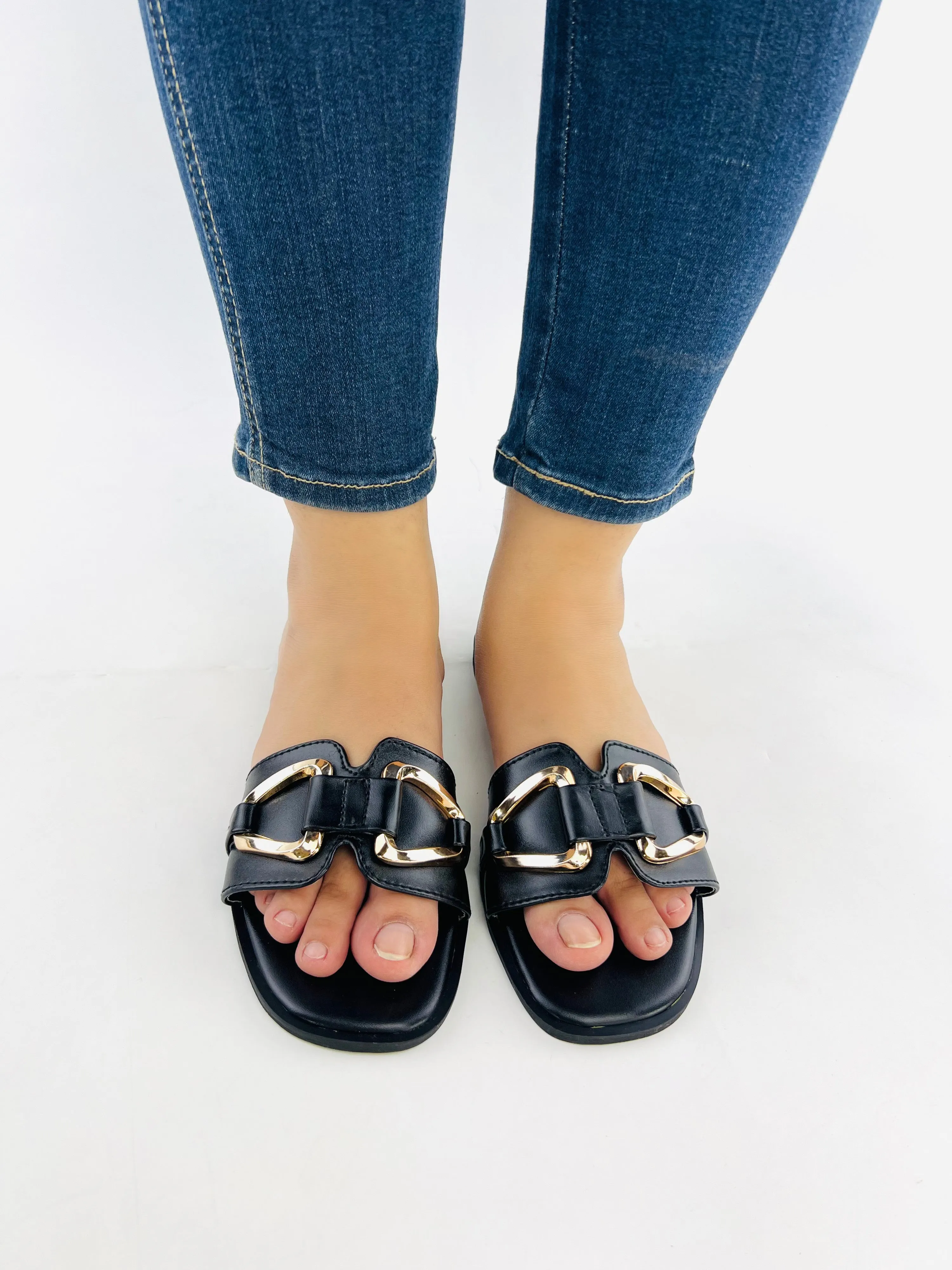 Spunkz Black Metal Chain Buckle Casual Flat Slides for Women