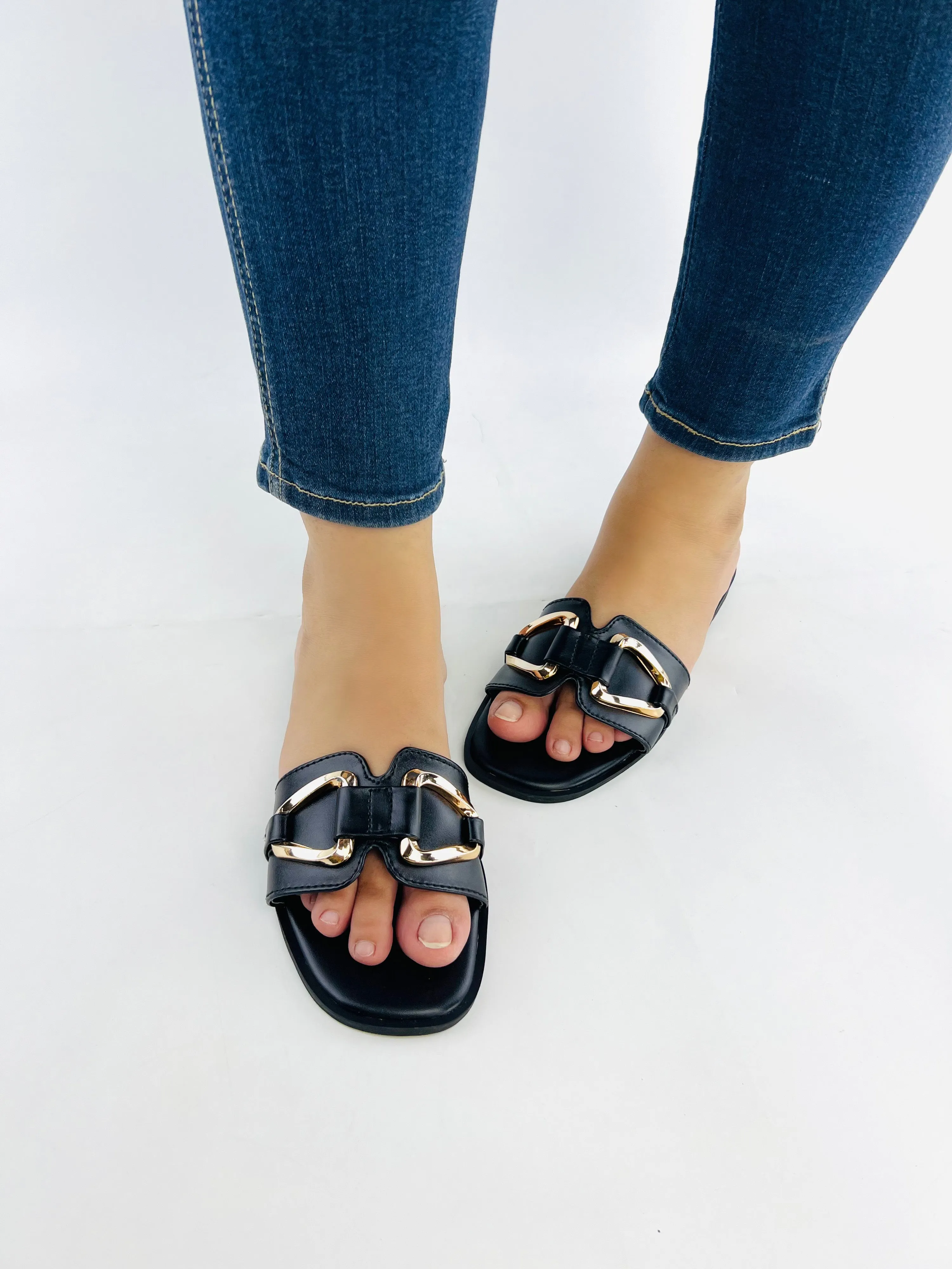 Spunkz Black Metal Chain Buckle Casual Flat Slides for Women