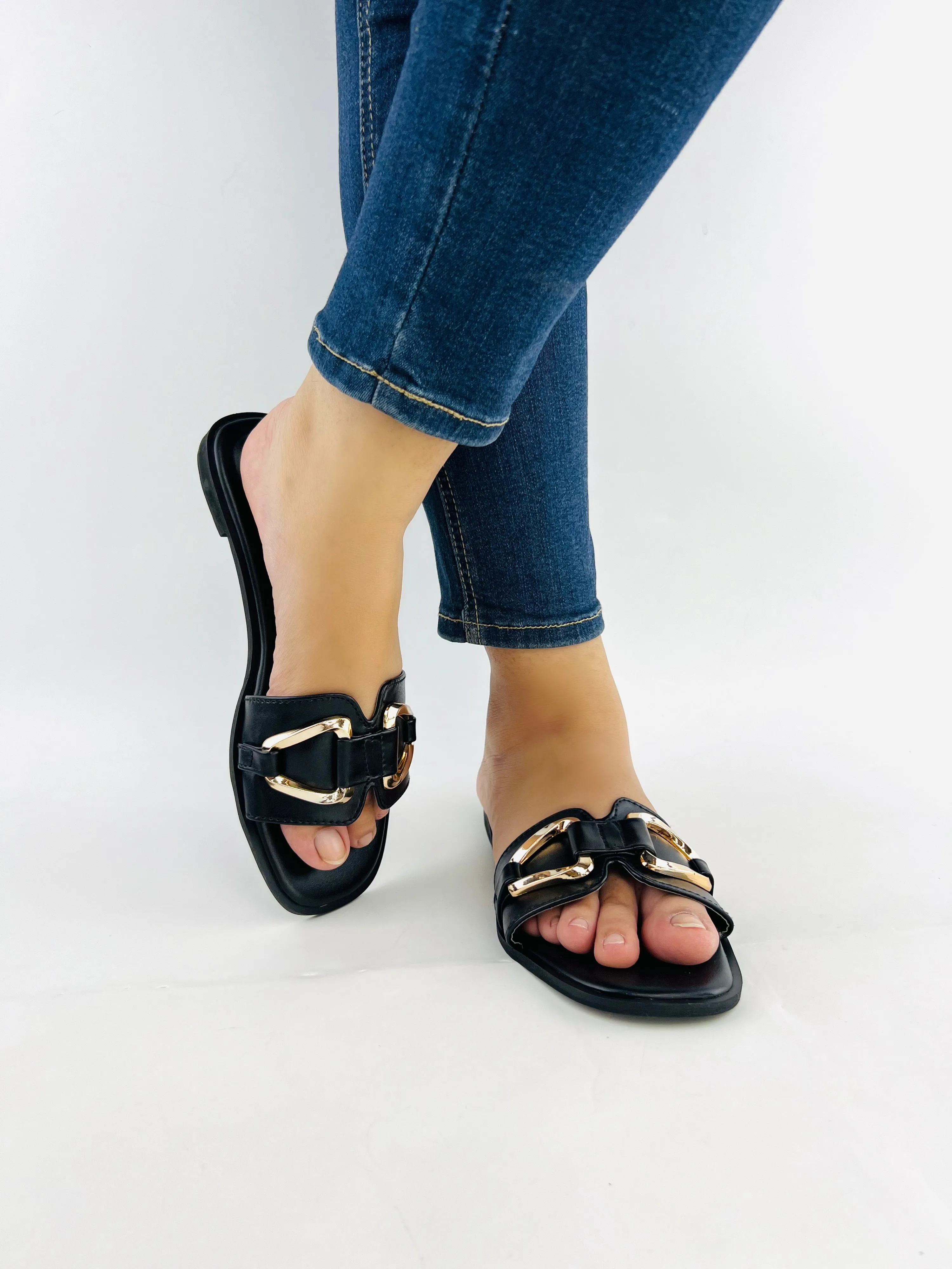 Spunkz Black Metal Chain Buckle Casual Flat Slides for Women