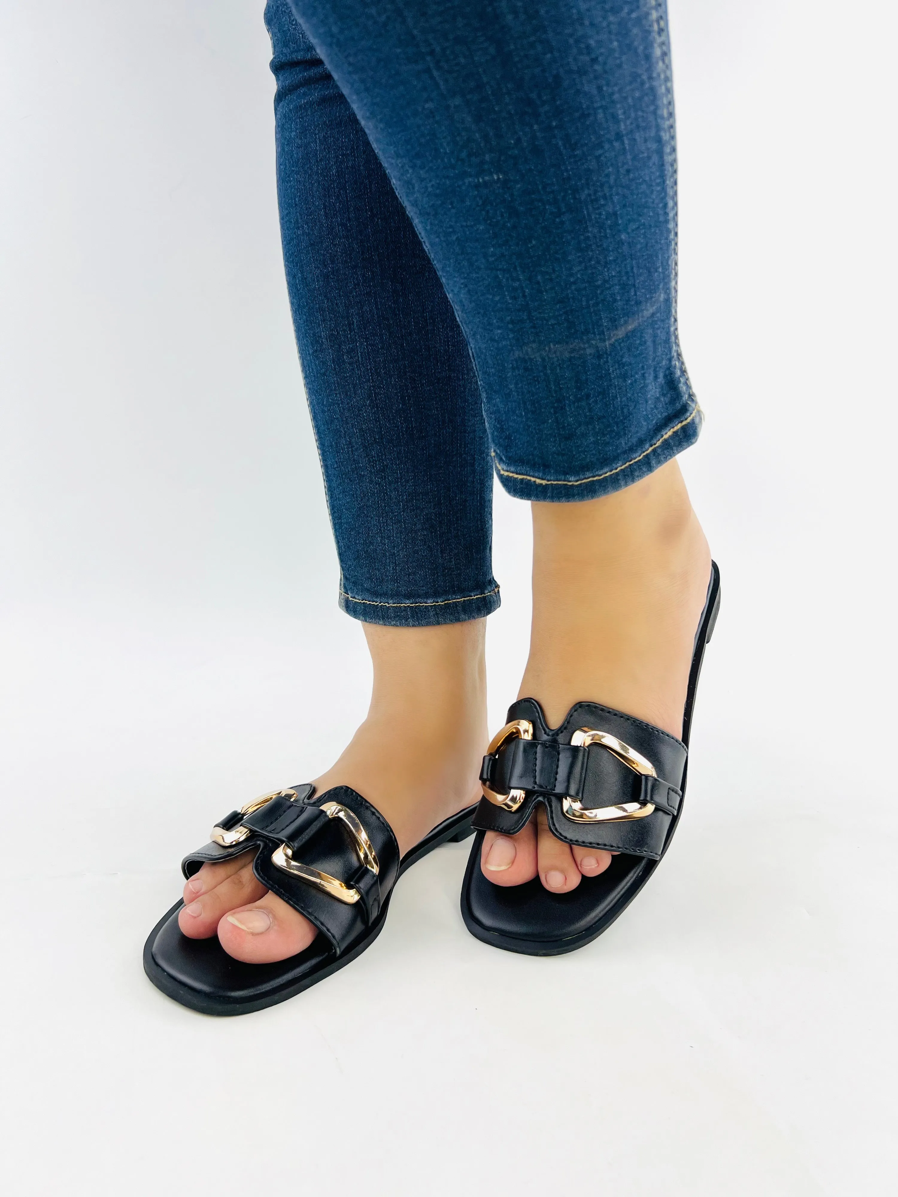 Spunkz Black Metal Chain Buckle Casual Flat Slides for Women