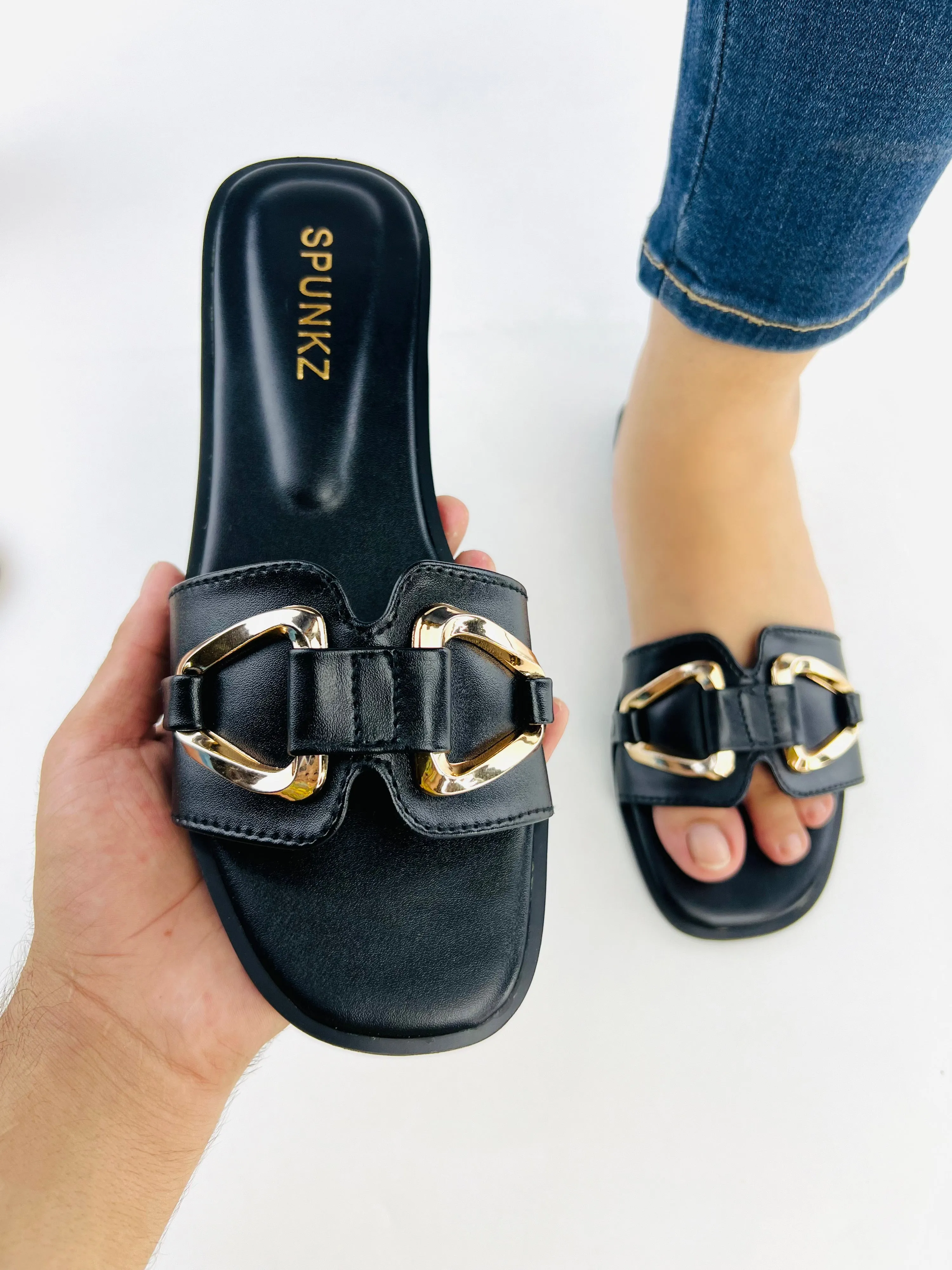 Spunkz Black Metal Chain Buckle Casual Flat Slides for Women