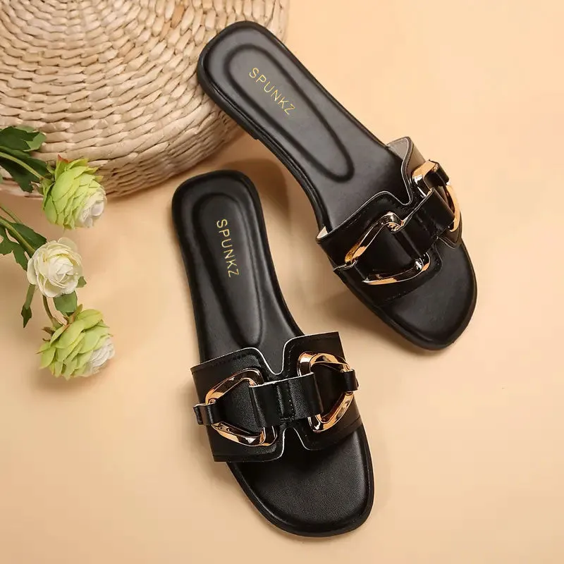 Spunkz Black Metal Chain Buckle Casual Flat Slides for Women