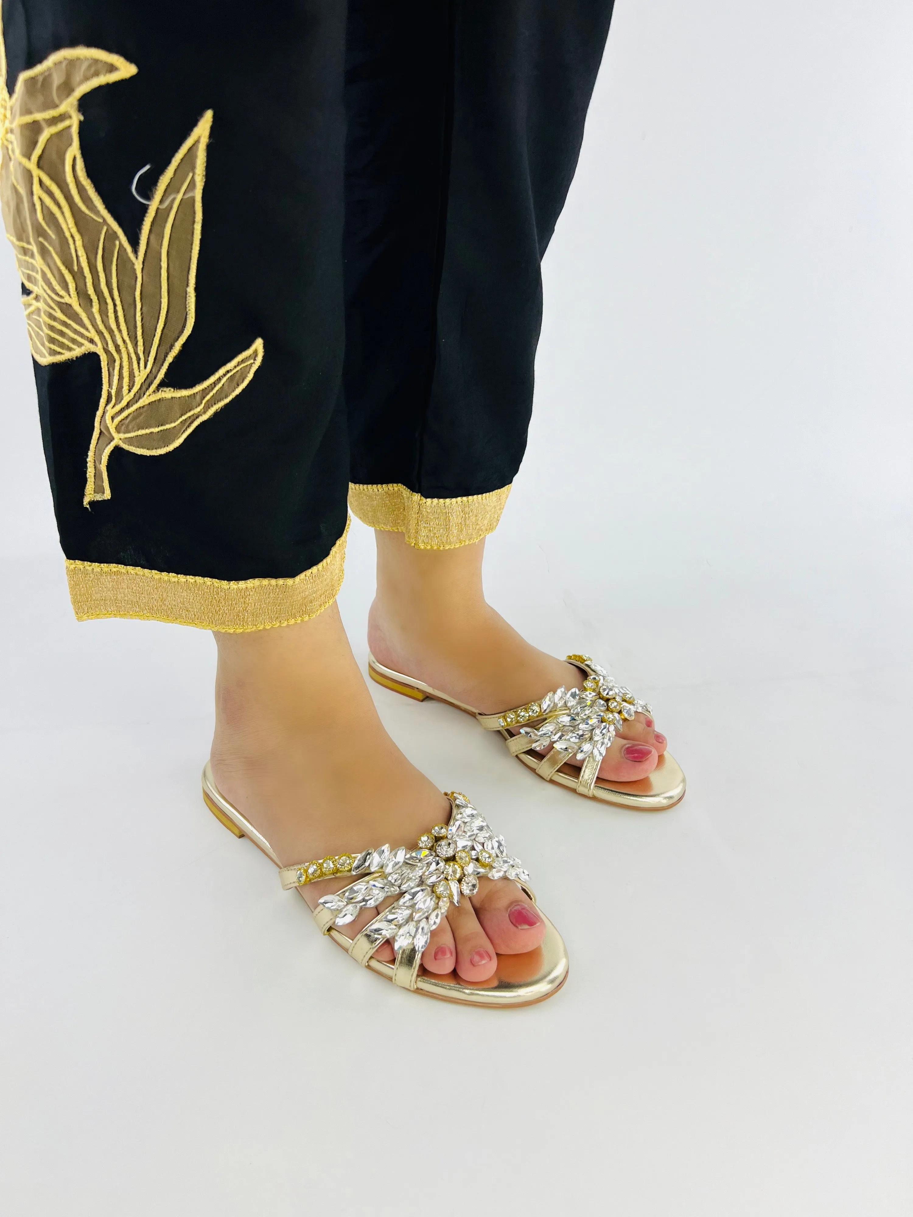 Spunkz Crystal Stones Embellished Golden Flat Sandals