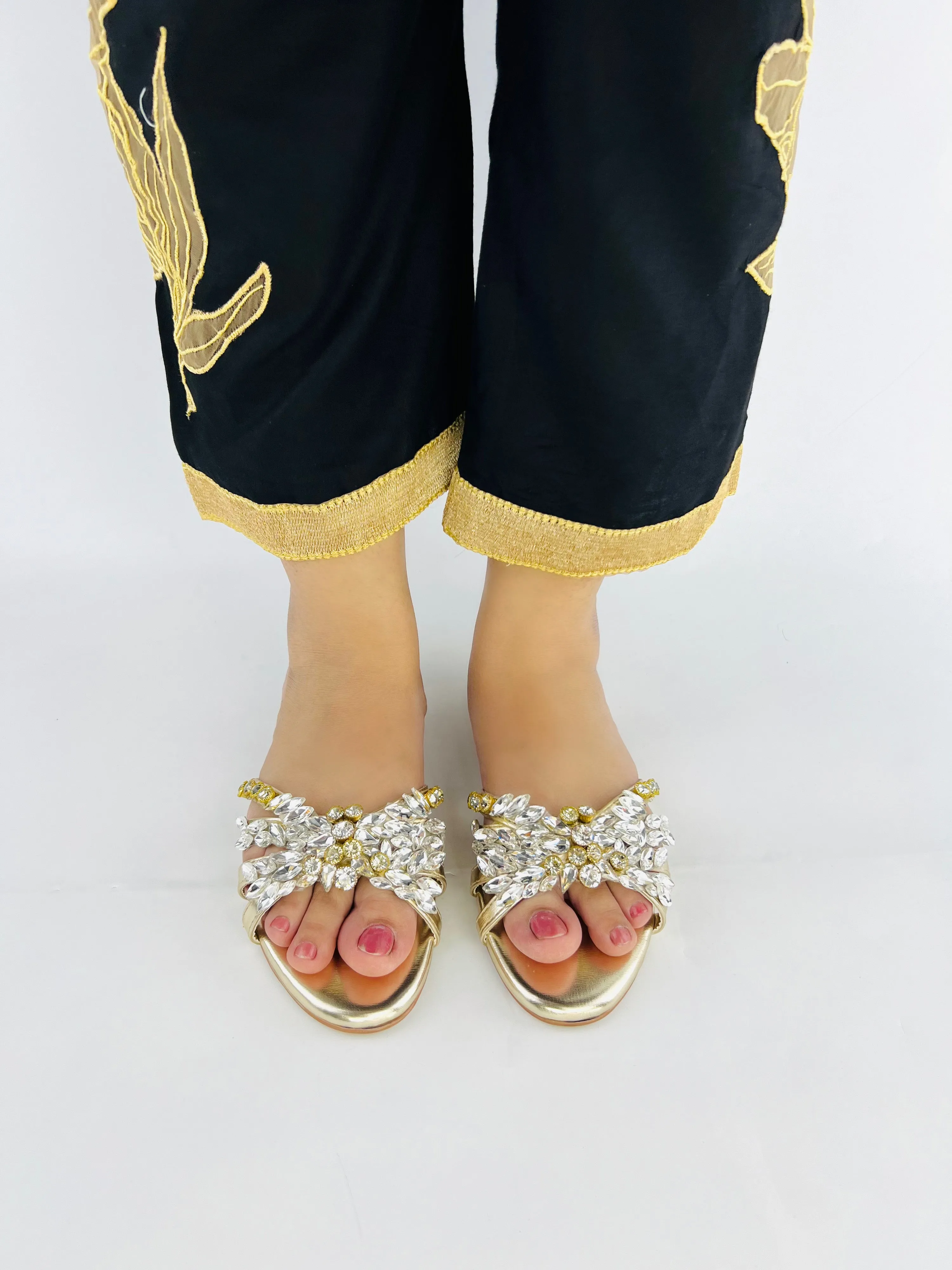 Spunkz Crystal Stones Embellished Golden Flat Sandals