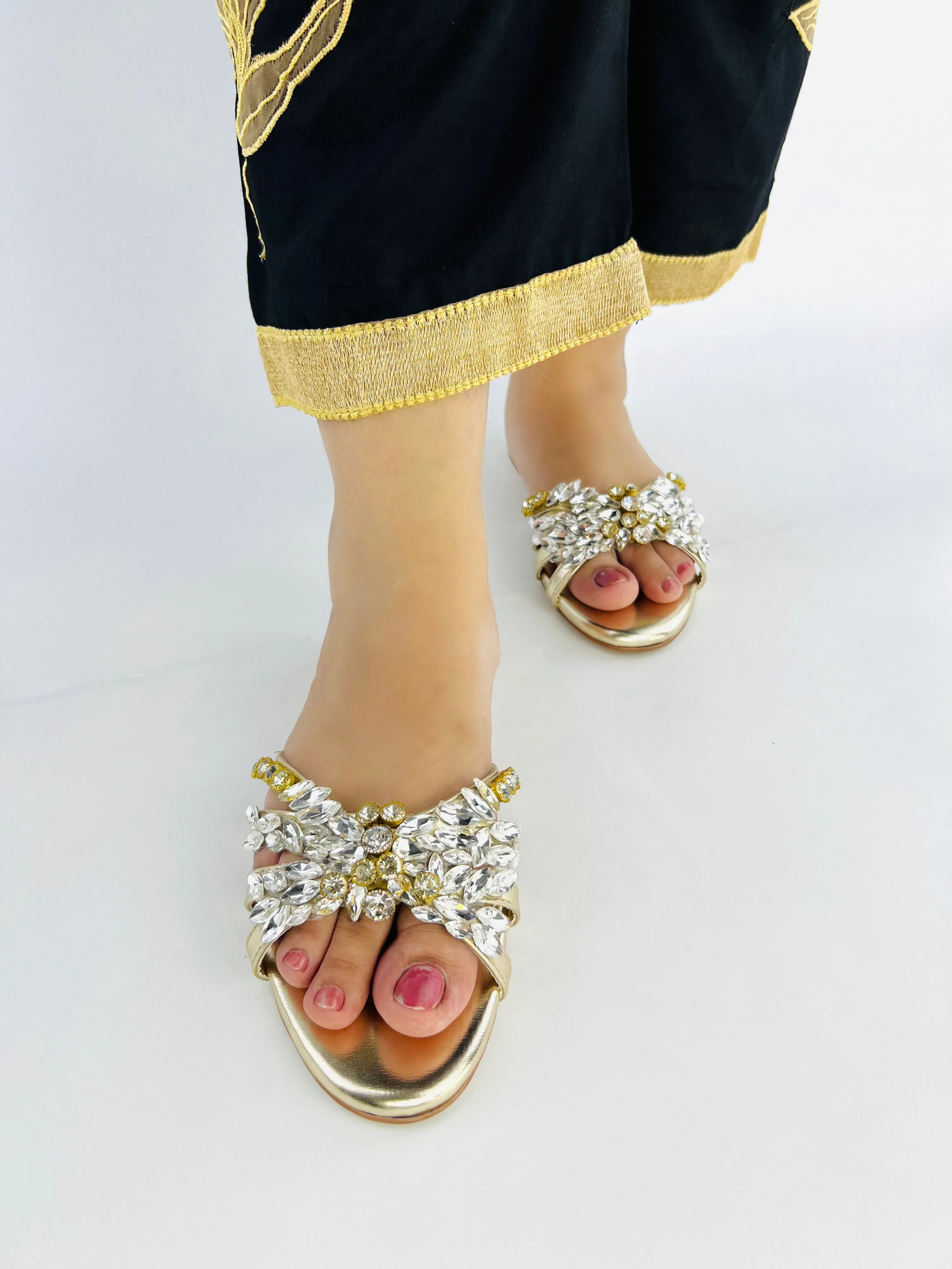 Spunkz Crystal Stones Embellished Golden Flat Sandals