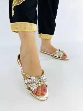 Spunkz Crystal Stones Embellished Golden Flat Sandals