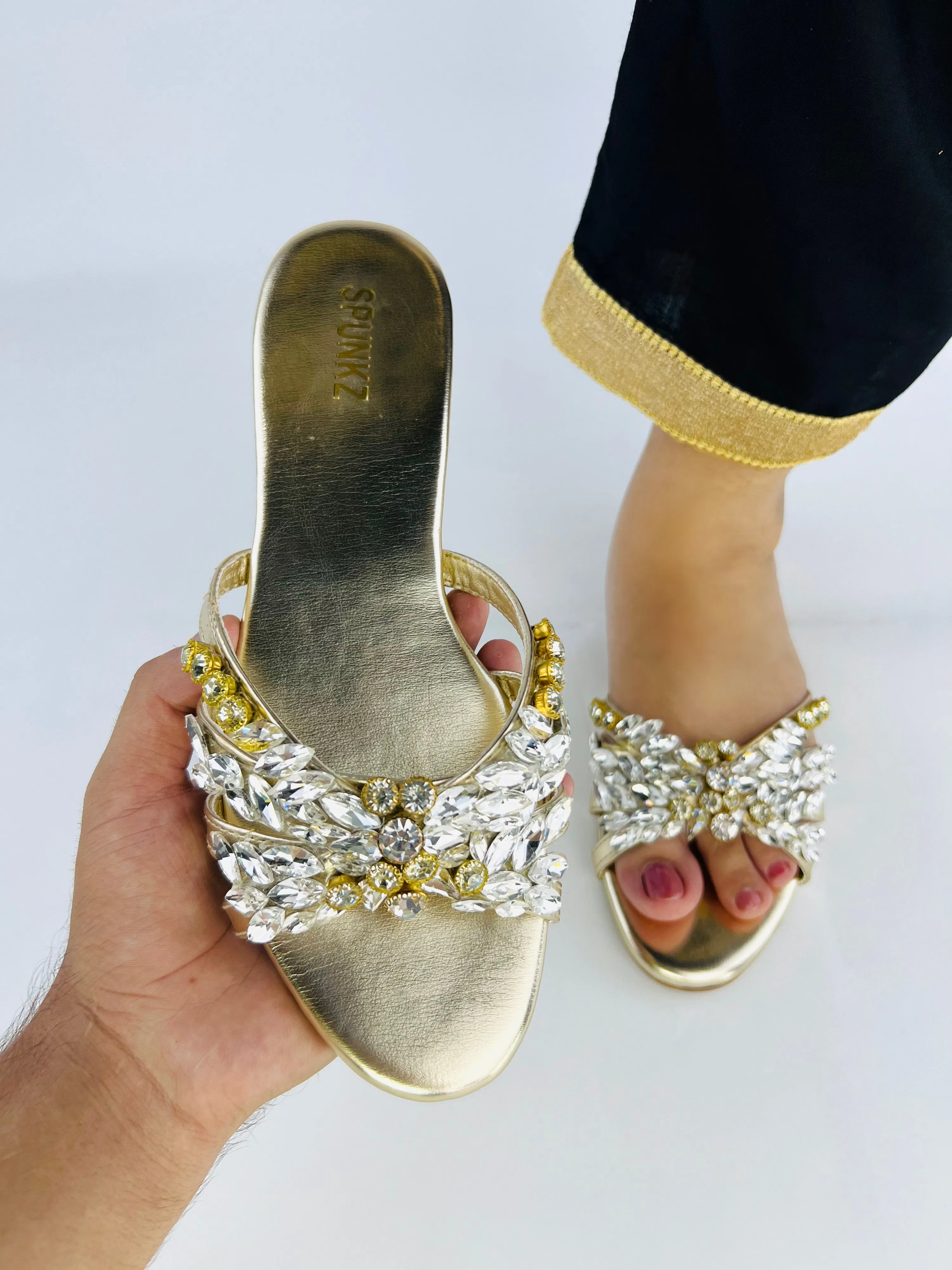 Spunkz Crystal Stones Embellished Golden Flat Sandals