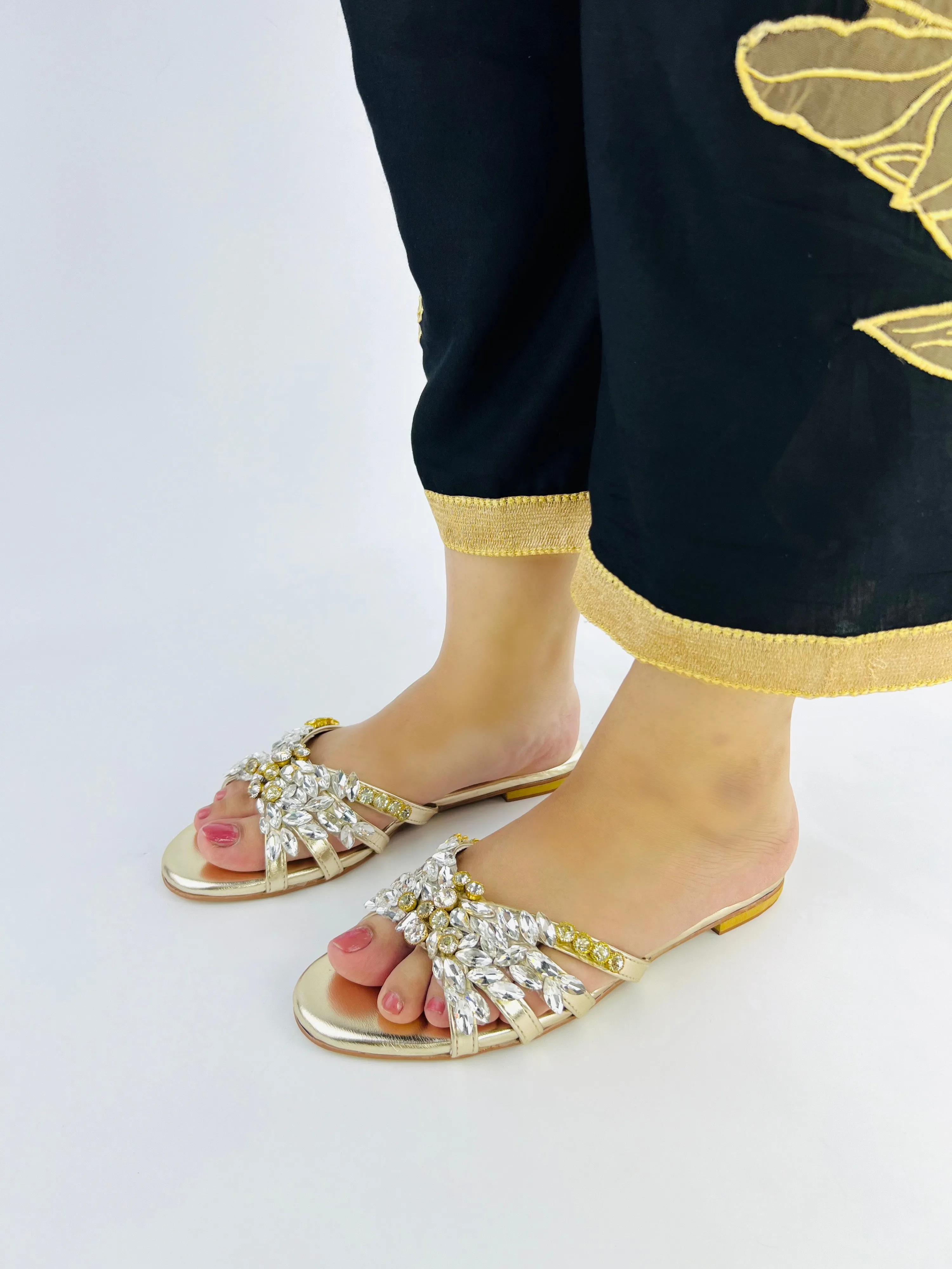 Spunkz Crystal Stones Embellished Golden Flat Sandals