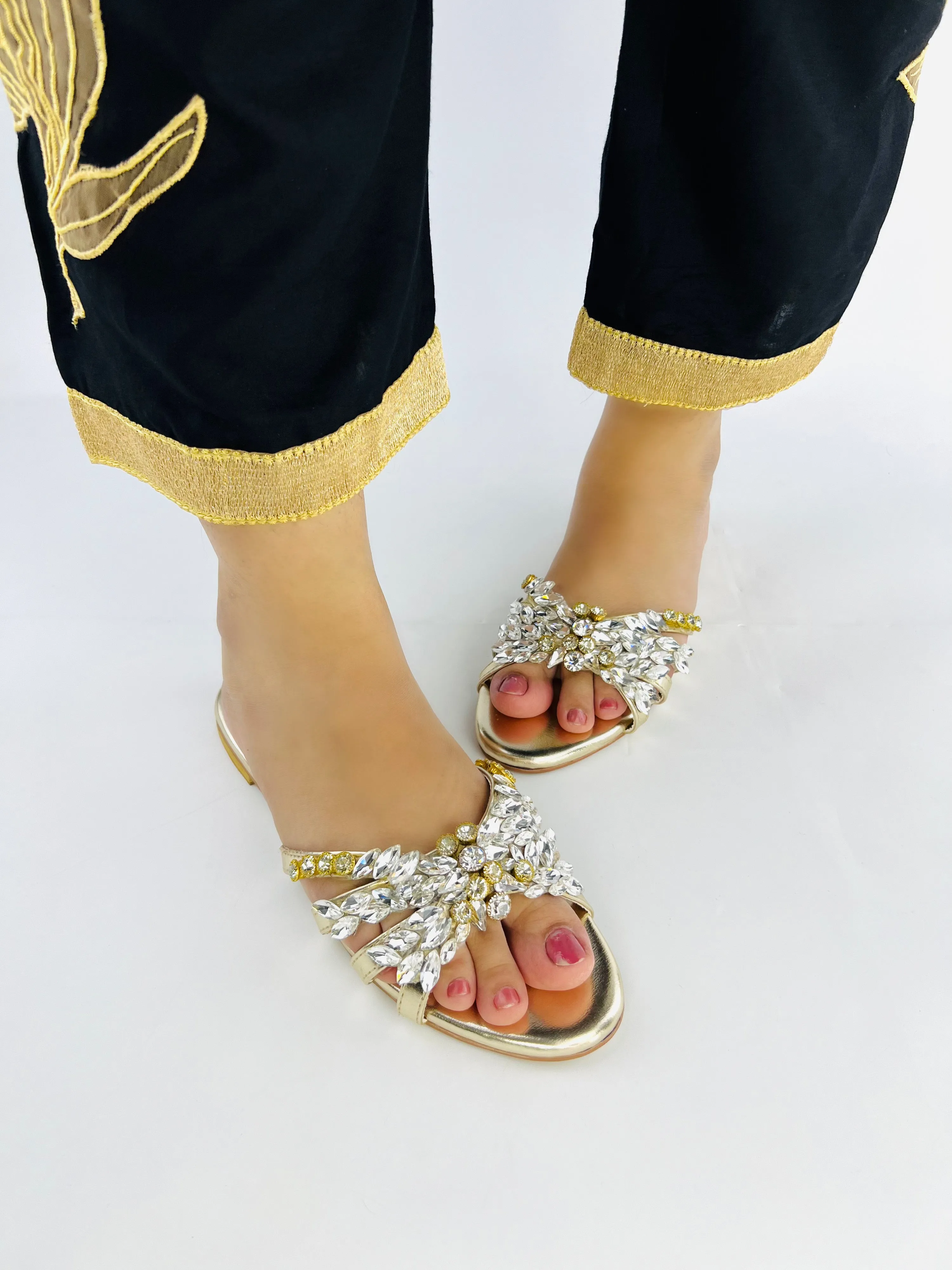 Spunkz Crystal Stones Embellished Golden Flat Sandals