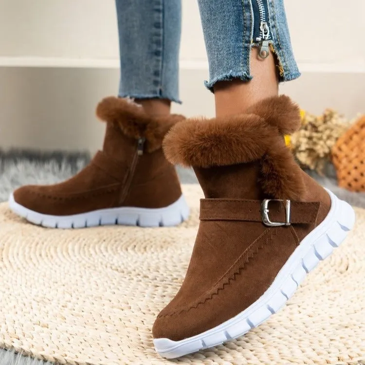 Thick color short boots with velvet and warm flat bottom