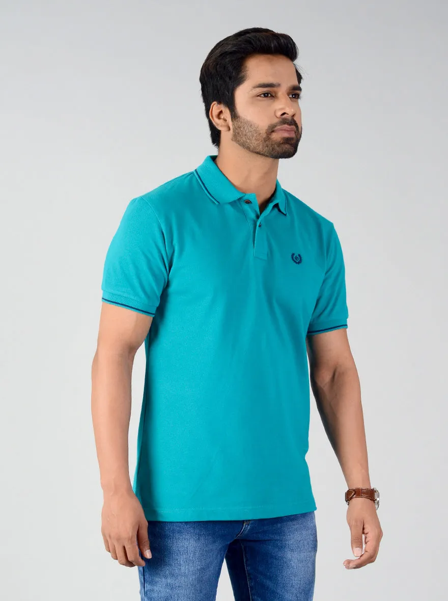 Tile Blue Solid Slim Fit Polo T-shirt | Greenfibre