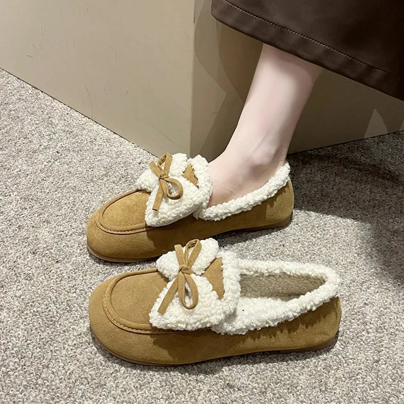 Uniwim Bow Fur Women Cotton Shoes Flats Loafers Warm Snow Boots 2024 New Winter Casual Suede Shoes Fashion Short Plush Zapatillas Mujer