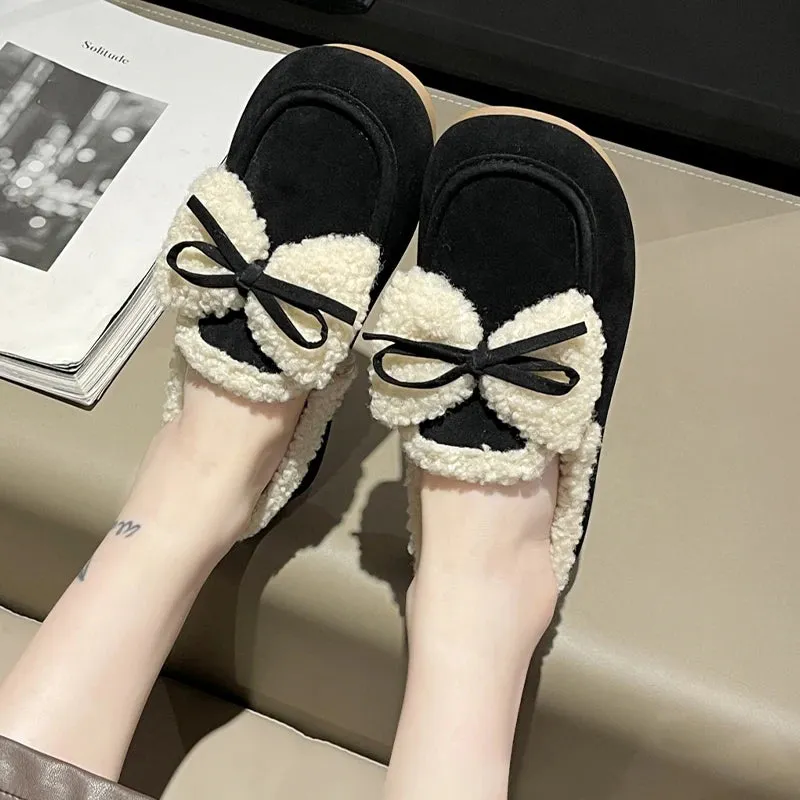 Uniwim Bow Fur Women Cotton Shoes Flats Loafers Warm Snow Boots 2024 New Winter Casual Suede Shoes Fashion Short Plush Zapatillas Mujer