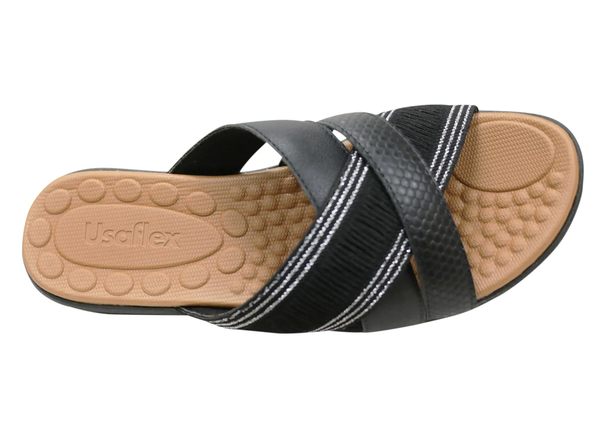 Usaflex Crescent Womens Comfort Leather Slides Sandals Made In Brazil