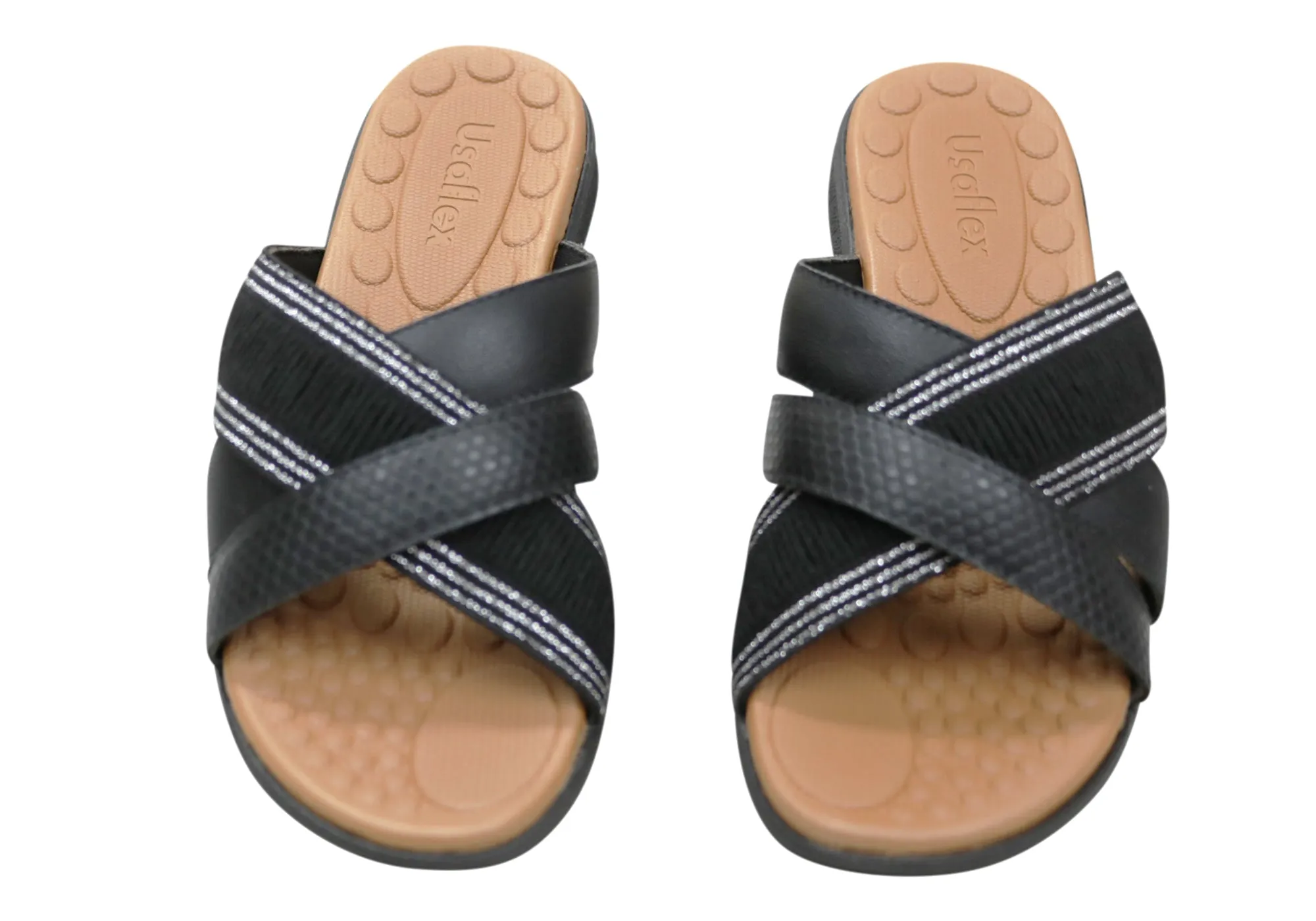 Usaflex Crescent Womens Comfort Leather Slides Sandals Made In Brazil