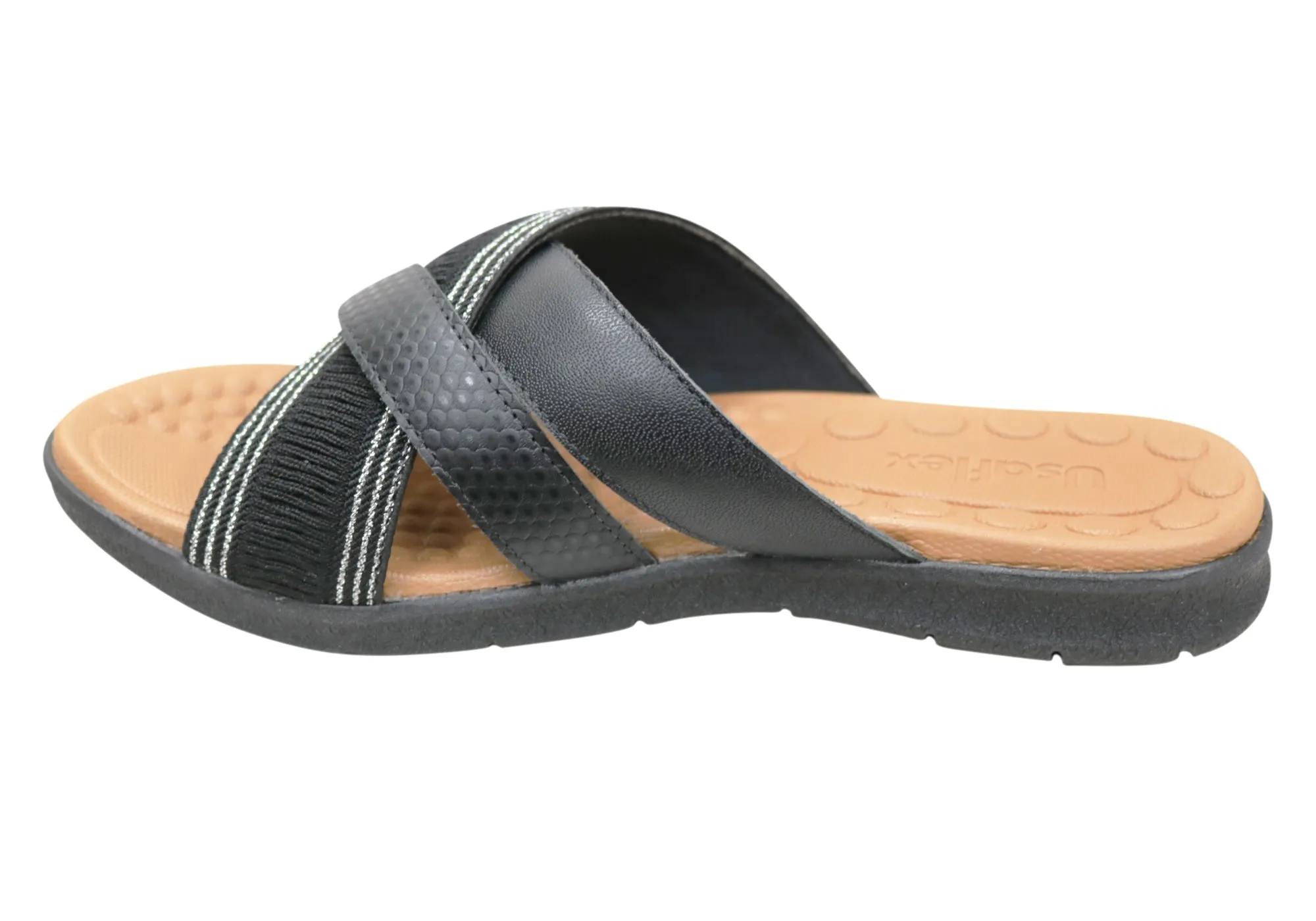 Usaflex Crescent Womens Comfort Leather Slides Sandals Made In Brazil