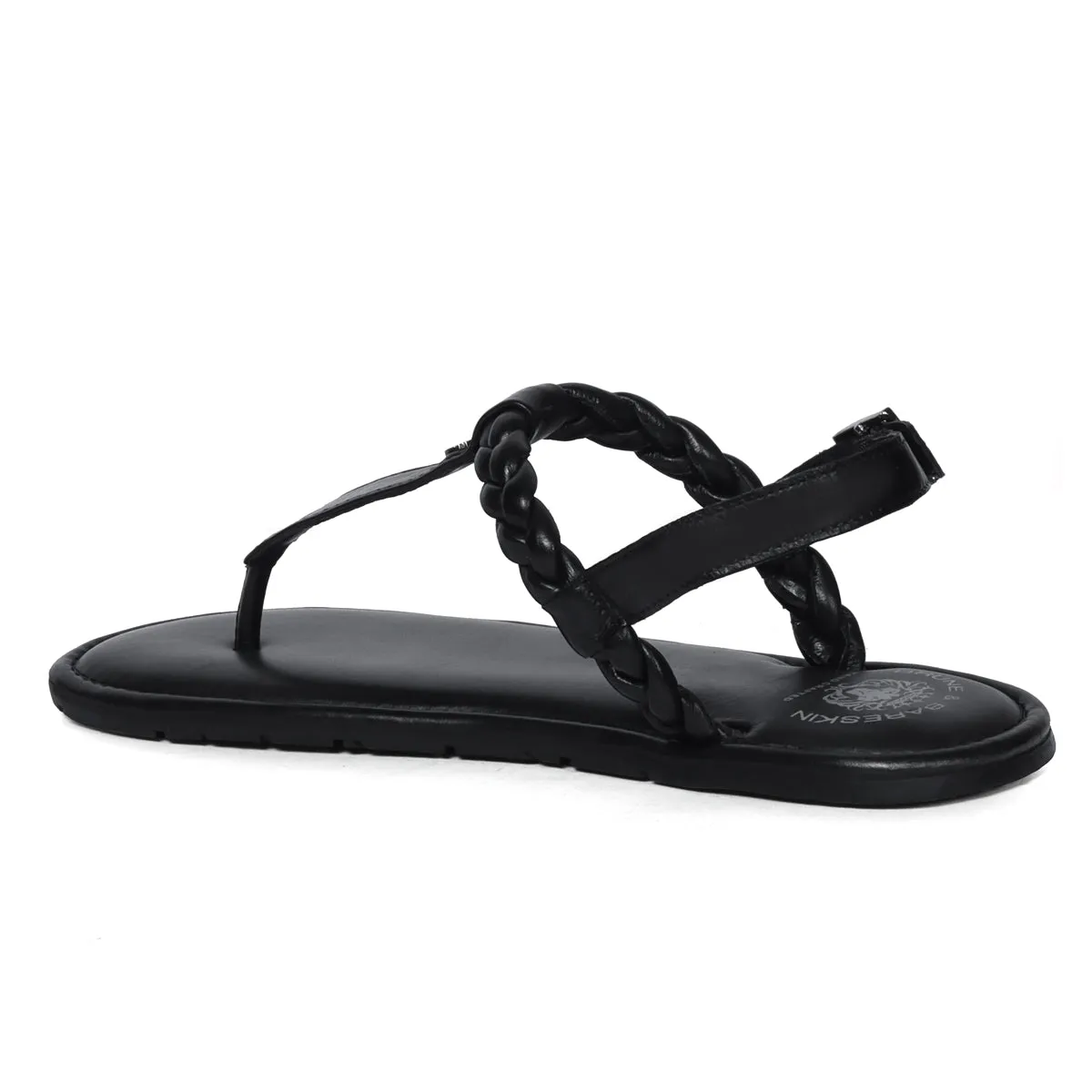 Weaved Loop T-Strap Buckled Black Genuine Leather Ladies Sandal by Brune & Bareskin