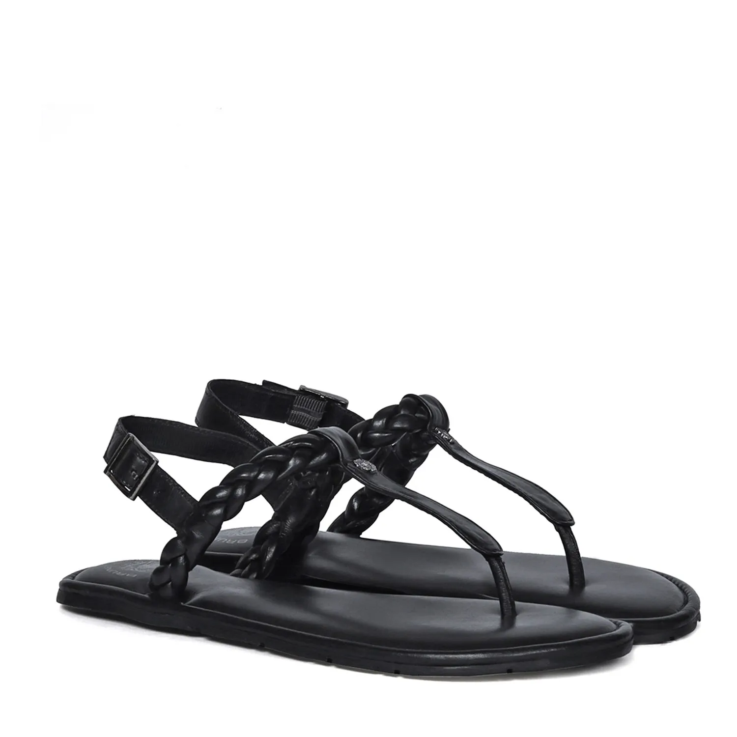 Weaved Loop T-Strap Buckled Black Genuine Leather Ladies Sandal by Brune & Bareskin