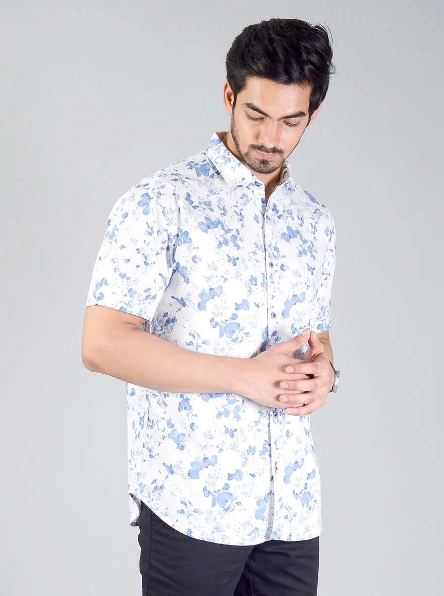 White & Blue Printed Slim Fit Casual Shirt | Greenfibre