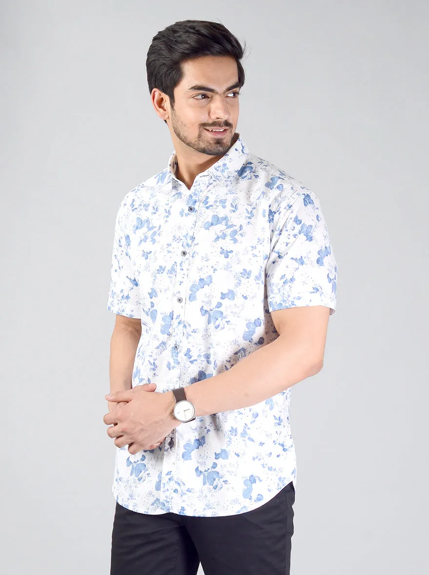 White & Blue Printed Slim Fit Casual Shirt | Greenfibre