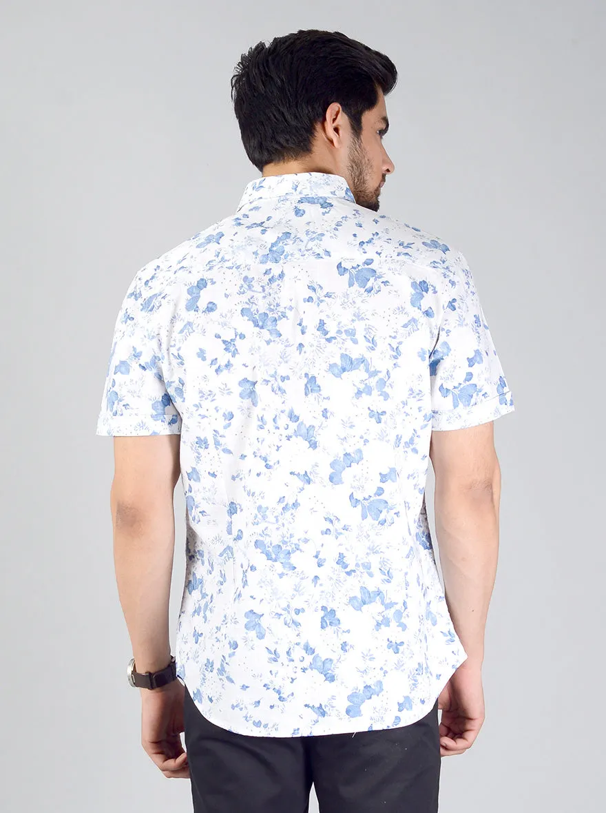 White & Blue Printed Slim Fit Casual Shirt | Greenfibre