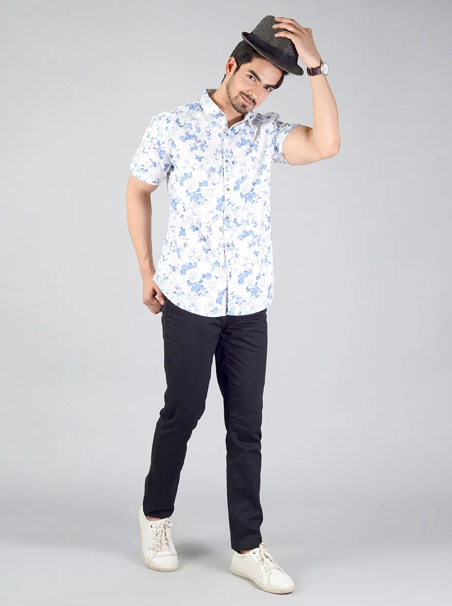 White & Blue Printed Slim Fit Casual Shirt | Greenfibre