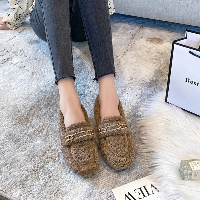 Women Faux-Fur Loafers Warm Winter Flat Metal Buckles Shoes