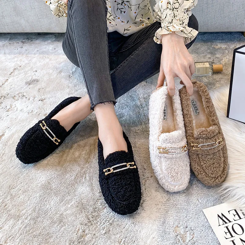 Women Faux-Fur Loafers Warm Winter Flat Metal Buckles Shoes