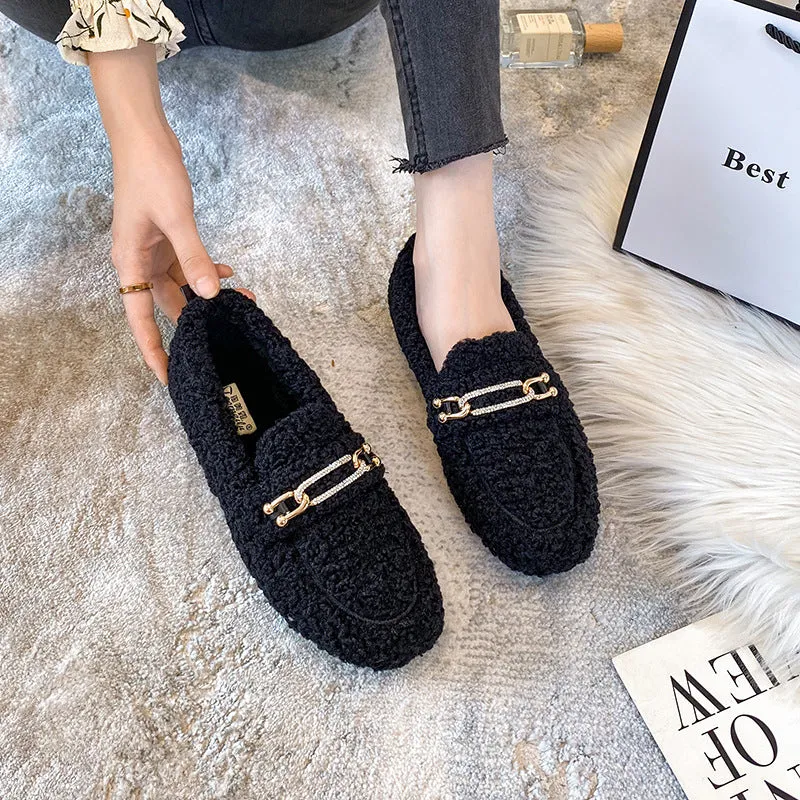 Women Faux-Fur Loafers Warm Winter Flat Metal Buckles Shoes