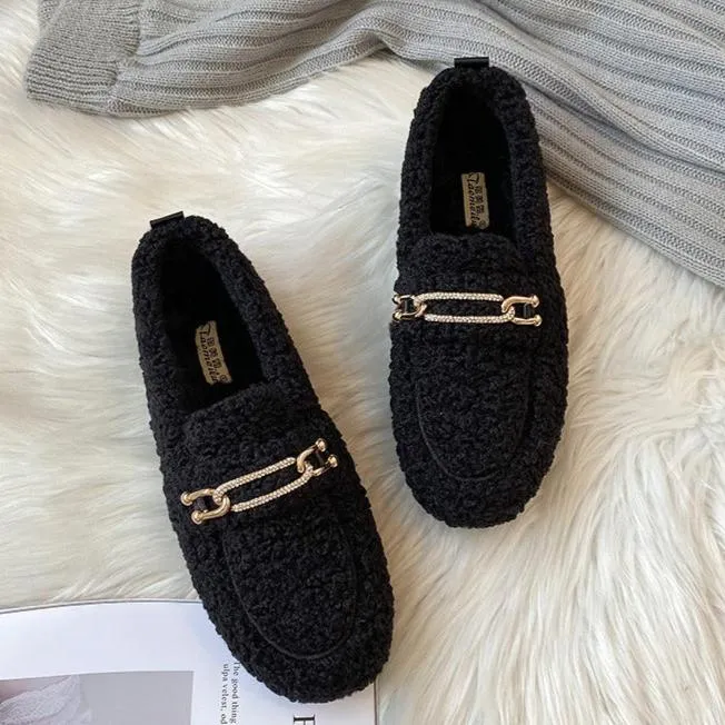 Women Faux-Fur Loafers Warm Winter Flat Metal Buckles Shoes