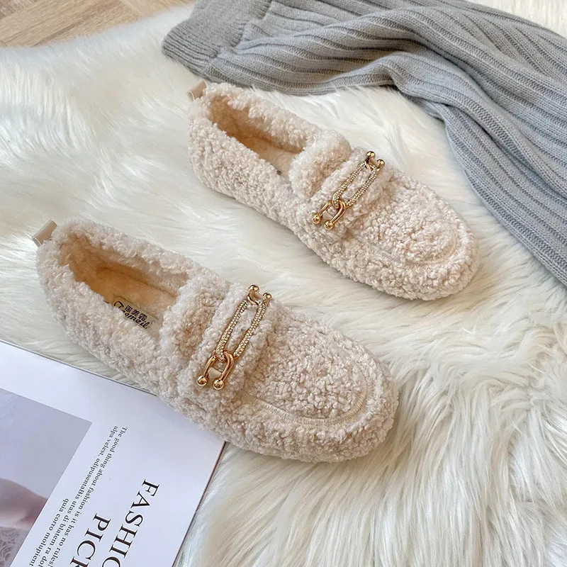 Women Faux-Fur Loafers Warm Winter Flat Metal Buckles Shoes