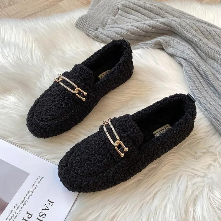 Women Faux-Fur Loafers Warm Winter Flat Metal Buckles Shoes