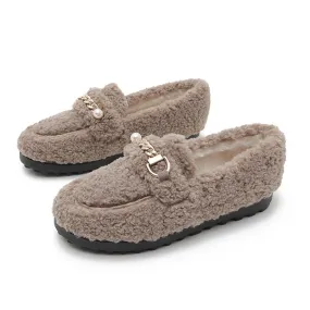 Women Faux-Fur Loafers Warm Winter Flat Pearl Decoration Shoes