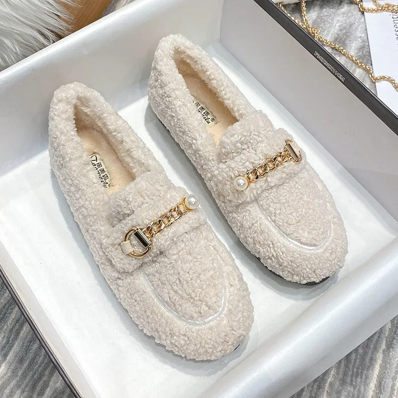 Women Faux-Fur Loafers Warm Winter Flat Pearl Decoration Shoes