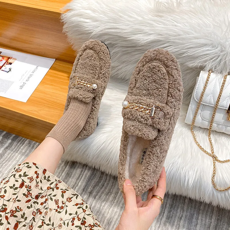 Women Faux-Fur Loafers Warm Winter Flat Pearl Decoration Shoes