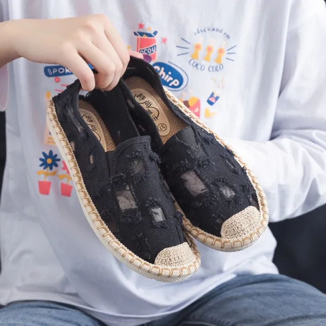 Women Flat Canvas Shoes Summer Mesh Slip On Loafers Breathable Linen Ballerina Shoes Lady Espadrille Shallow Single Casual Flats