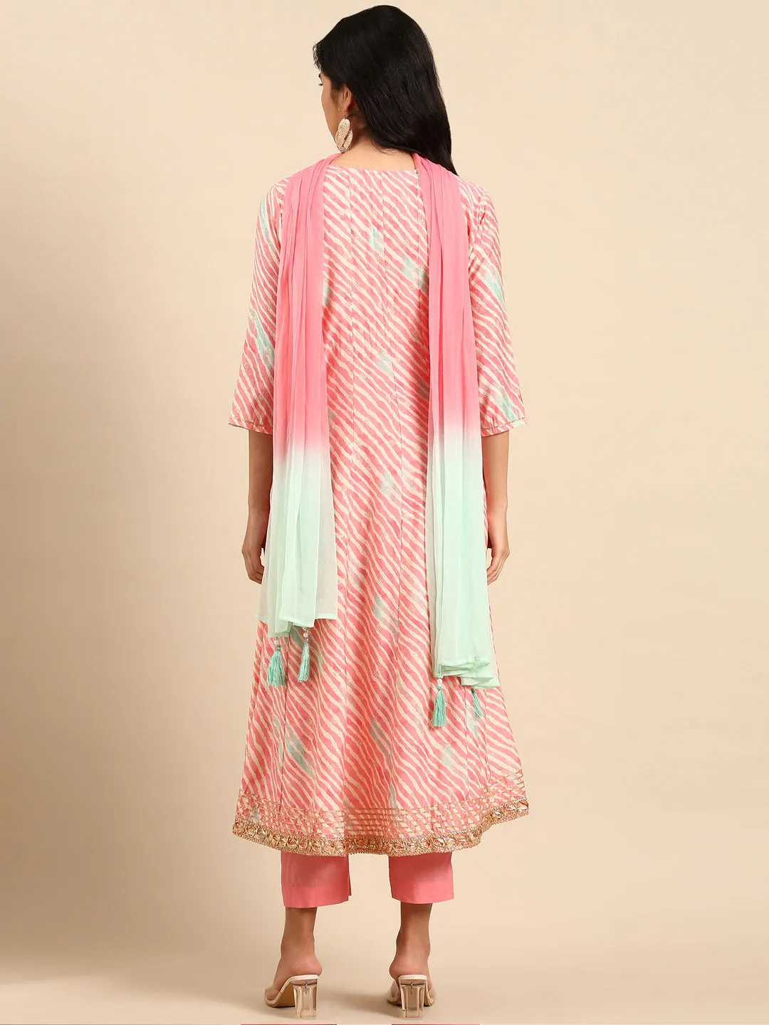 Women Leheriya Pink Anarkali Kurta Set with Dupatta