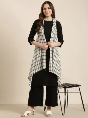 Women Straight Black Solid Kurta and Palazzos Set and Over Coat